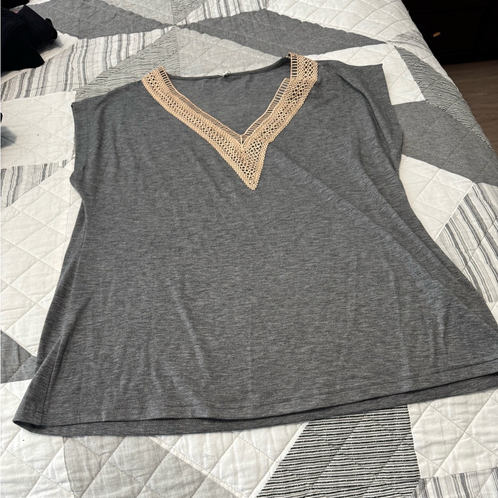 Women's Gray V-Neck Short Sleeve Top with Crochet Accent